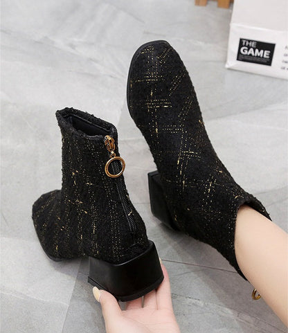 Ann – Mid-Tube Velvet Lace-Up Boots with Thick Heel