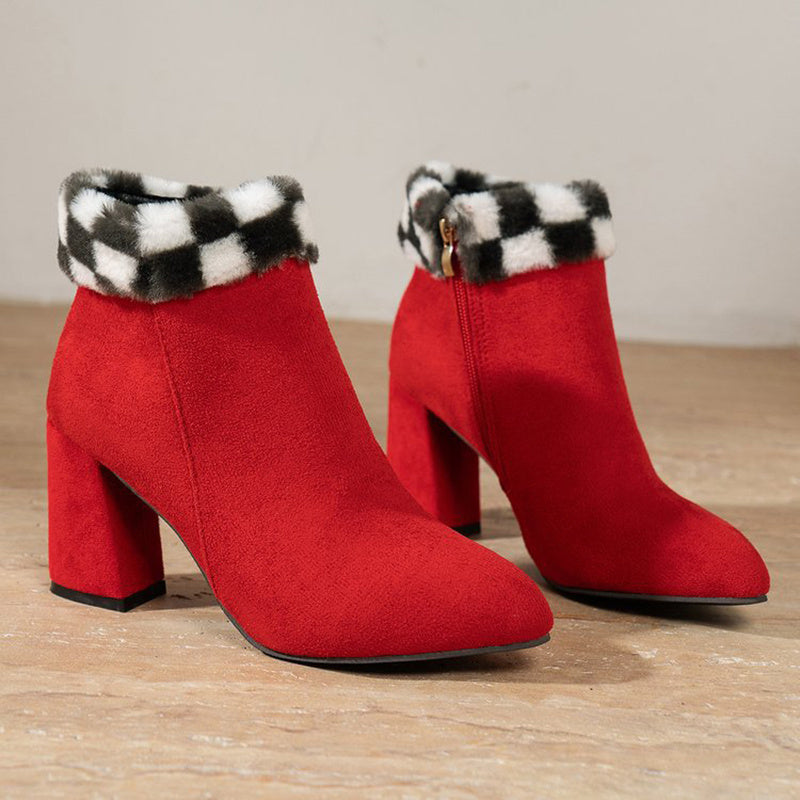 Elizabeth – Fashionable Plush Ankle Boots with Check Pattern and Square Heel