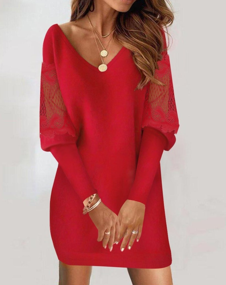 Holly – Long Sleeve V-Neck Dress with Lace Trim for Women
