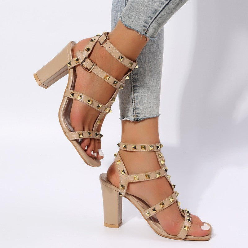 Brenda – Studded Buckle Sandals with Square Toe and High Heels