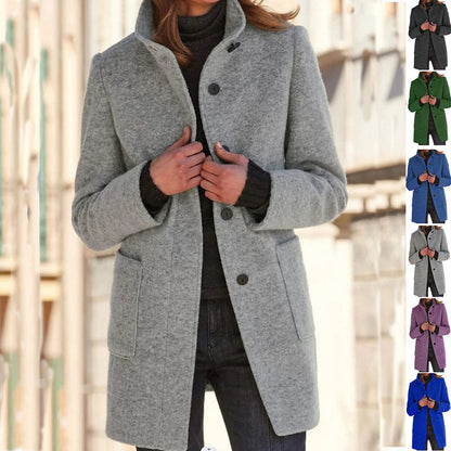 Charlotte – Women's Wool Coat with Stand Collar and Pockets