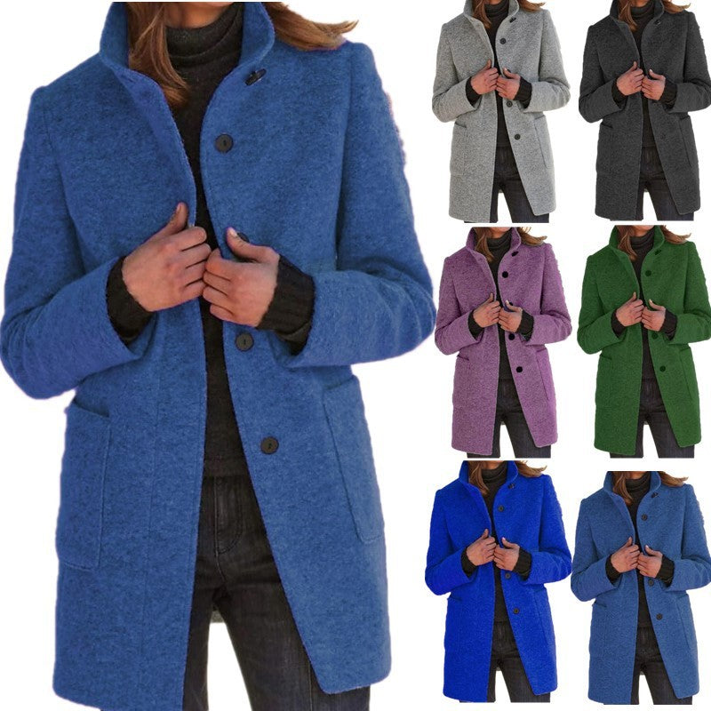 Charlotte – Women's Wool Coat with Stand Collar and Pockets
