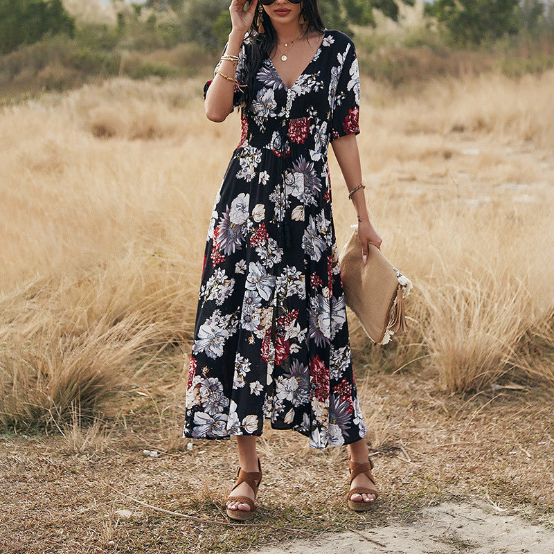 Angela – Floral Summer Beach Dress with V-Neck and Elastic Waist