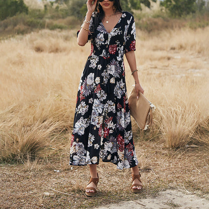 Angela – Floral Summer Beach Dress with V-Neck and Elastic Waist