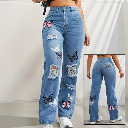 Lily – High-Waisted Jeans with Butterfly Print