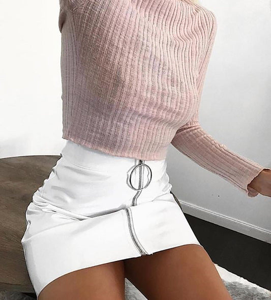 Adele – Short Skirt with Ring Zipper in Premium Glossy Vegan Leather